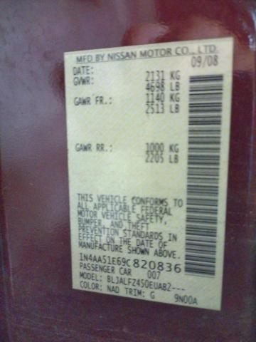 Photo 10 from auction – 2009 NISSAN MAXIMA S with VIN 1N4AA51E69C820836