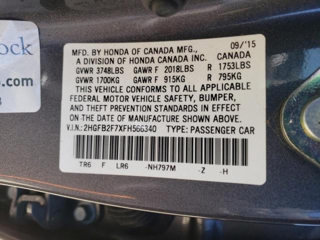 Photo 10 from auction – 2015 HONDA CIVIC SE with VIN 2HGFB2F7XFH566340