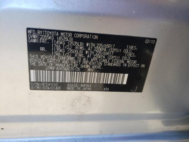 Foto 10 de la subasta – 2010 TOYOTA RAV4 con VIN JTMBF4DV2AD035105
