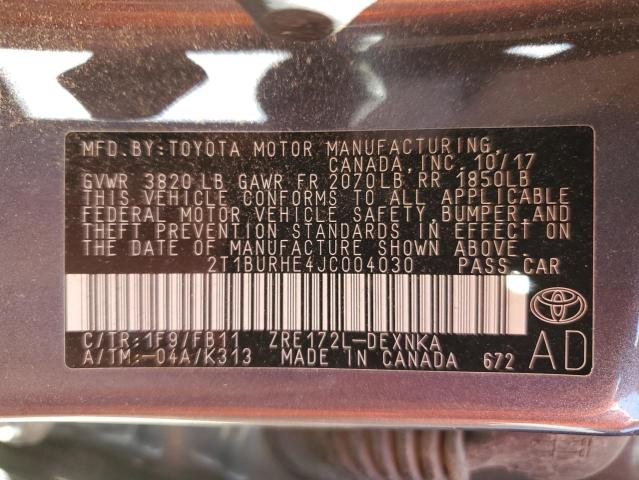 Photo 10 from auction – 2018 TOYOTA COROLLA L with VIN 2T1BURHE4JC004030