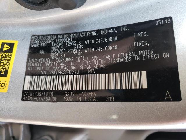 Photo 10 from auction – 2019 TOYOTA HIGHLANDER with VIN 5TDJZRFH9KS597743