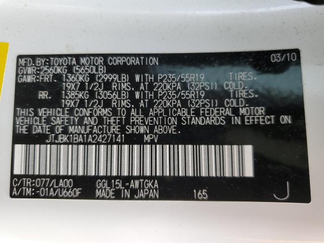 Photo 10 from auction – 2010 LEXUS RX 350 with VIN JTJBK1BA1A2427141