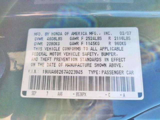 Photo 10 from auction – 2007 ACURA TL with VIN 19UUA66267A023945