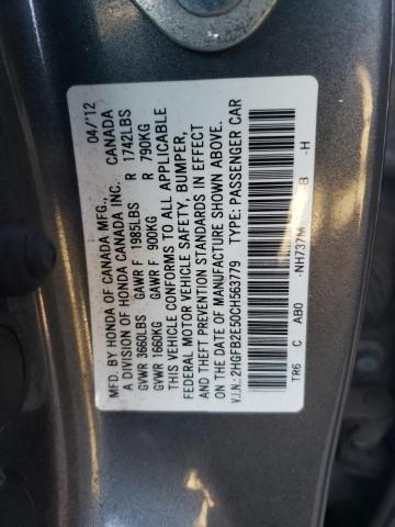 Photo 10 from auction – 2012 HONDA CIVIC LX with VIN 2HGFB2E50CH563779