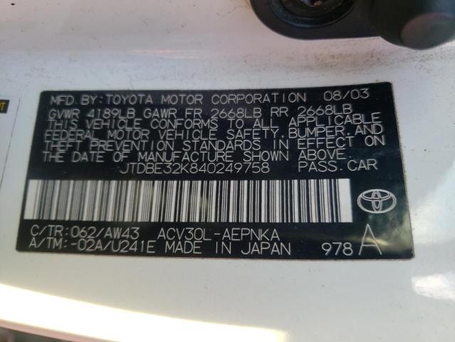 Photo 10 from auction – 2004 TOYOTA CAMRY LE with VIN JTDBE32K840249758