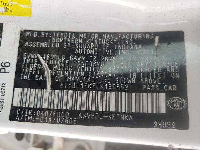 Photo 10 from auction – 2012 TOYOTA CAMRY BASE with VIN 4T4BF1FK5CR199552
