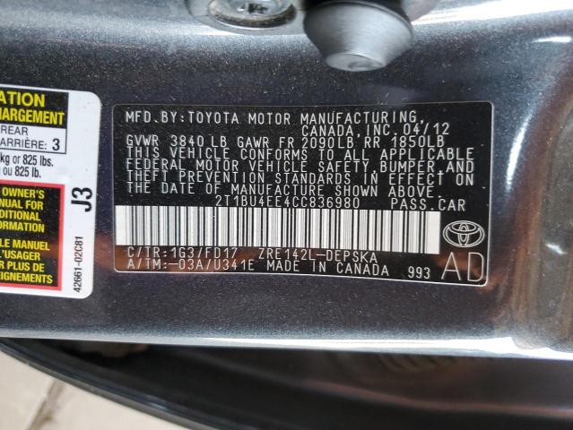 Photo 10 from auction – 2012 TOYOTA COROLLA BA with VIN 2T1BU4EE4CC836980