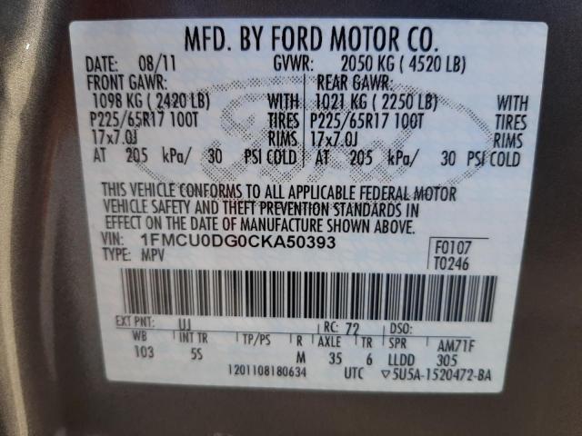 Photo 10 from auction – 2012 FORD ESCAPE XLT with VIN 1FMCU0DG0CKA50393