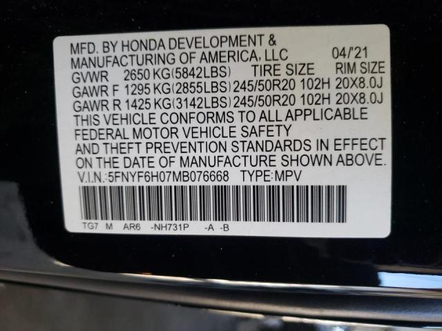 Photo 10 from auction – 2021 HONDA PILOT with VIN 5FNYF6H07MB076668