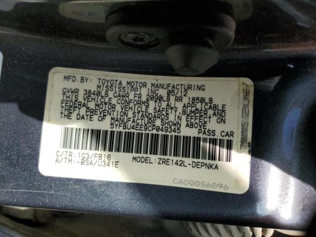 Photo 10 from auction – 2012 TOYOTA COROLLA BA with VIN 5YFBU4EE9CP049345