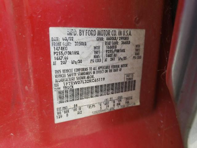 Photo 10 from auction – 2002 FORD F150 SUPER with VIN 1FTRW07L32KC65119