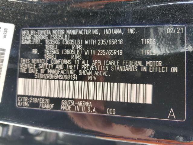 Photo 10 from auction – 2021 TOYOTA HIGHLANDER with VIN 5TDHZRBH6MS098194