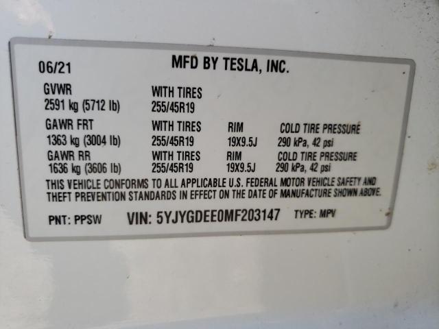Photo 10 from auction – 2021 TESLA MODEL Y with VIN 5YJYGDEE0MF203147