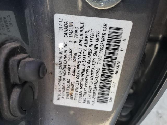 Photo 10 from auction – 2012 HONDA CIVIC LX with VIN 2HGFB2F51CH333862