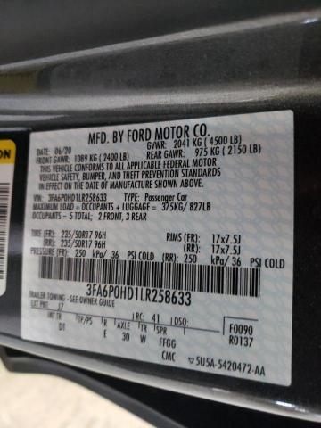 Photo 10 from auction – 2020 FORD FUSION SE with VIN 3FA6P0HD1LR258633