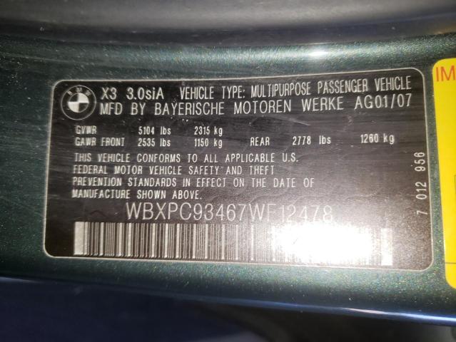 Photo 10 from auction – 2007 BMW X3 3.0SI with VIN WBXPC93467WF12478