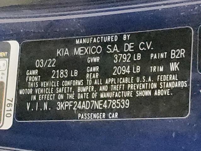 Photo 10 from auction – 2022 KIA FORTE FE with VIN 3KPF24AD7NE478539