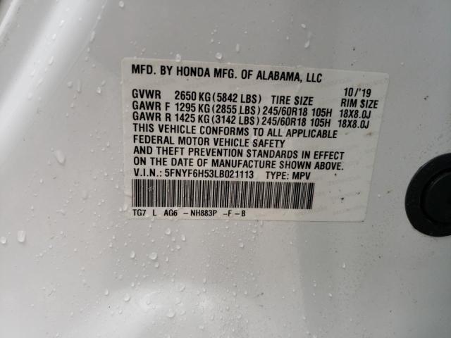 Photo 10 from auction – 2020 HONDA PILOT EXL with VIN 5FNYF6H53LB021113