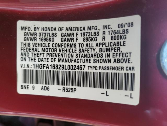 Photo 10 from auction – 2009 HONDA CIVIC EX with VIN 1HGFA16829L002467