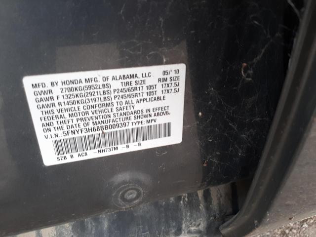 Photo 10 from auction – 2011 HONDA PILOT EXL with VIN 5FNYF3H68BB009397