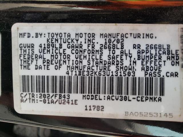 Photo 10 from auction – 2003 TOYOTA CAMRY LE with VIN 4T1BE32K63U131503