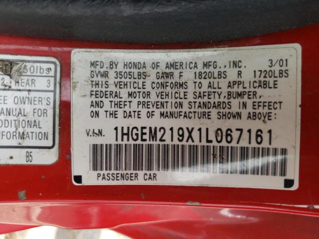 Photo 10 from auction – 2001 HONDA CIVIC SI with VIN 1HGEM219X1L067161