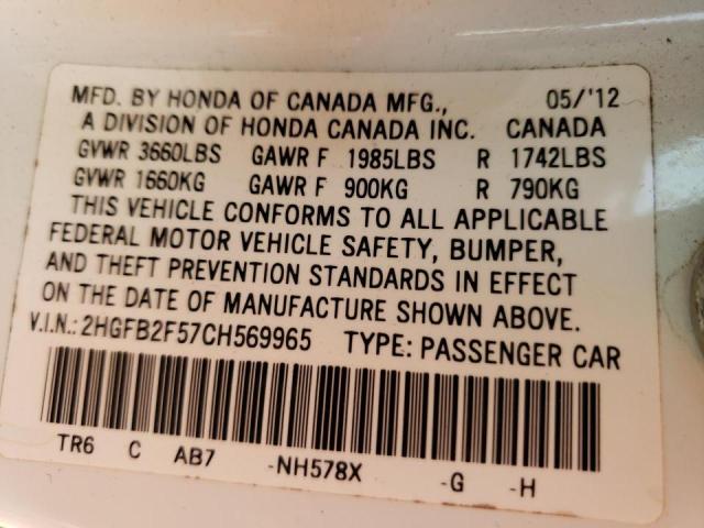 Photo 10 from auction – 2012 HONDA CIVIC LX with VIN 2HGFB2F57CH569965