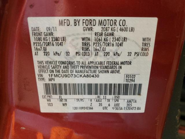 Photo 10 from auction – 2012 FORD ESCAPE XLT with VIN 1FMCU9D73CKA80430