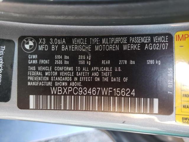 Photo 10 from auction – 2007 BMW X3 3.0SI with VIN WBXPC93467WF15624