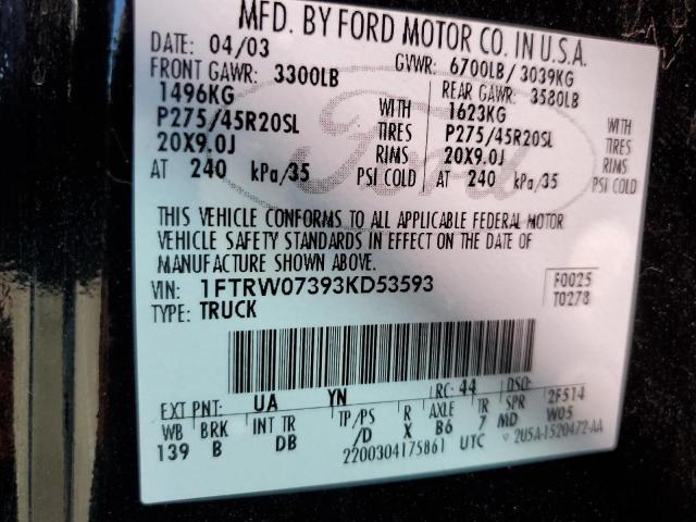 Photo 10 from auction – 2003 FORD F150 SUPER with VIN 1FTRW07393KD53593
