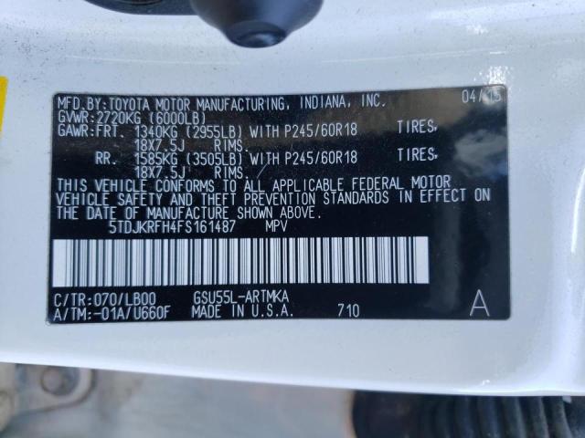 Photo 10 from auction – 2015 TOYOTA HIGHLANDER with VIN 5TDJKRFH4FS161487