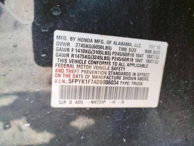 Photo 10 from auction – 2013 HONDA RIDGELINE with VIN 5FPYK1F74DB006034
