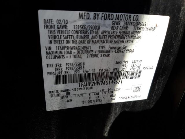 Photo 10 from auction – 2010 FORD TAURUS SEL with VIN 1FAHP2HW9AG149671