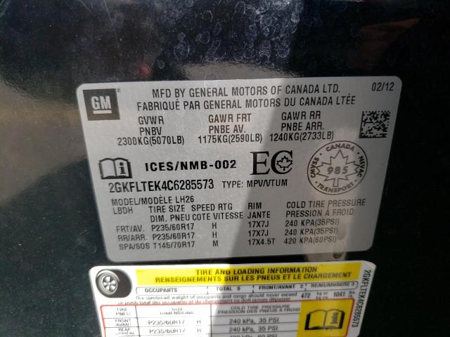 Photo 10 from auction – 2012 GMC TERRAIN SL with VIN 2GKFLTEK4C6285573