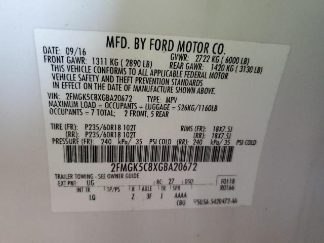 Photo 10 from auction – 2016 FORD FLEX SEL with VIN 2FMGK5C8XGBA20672