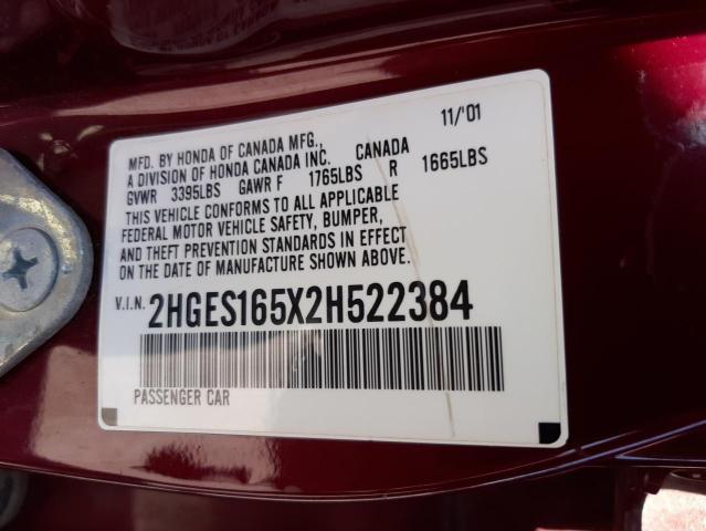 Photo 10 from auction – 2002 HONDA CIVIC LX with VIN 2HGES165X2H522384