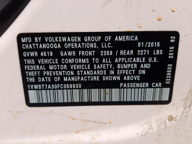 Photo 10 from auction – 2015 VOLKSWAGEN PASSAT SE with VIN 1VWBT7A30FC059930