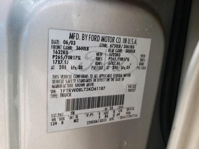 Photo 10 from auction – 2003 FORD F150 SUPER with VIN 1FTRW08L73KD61187