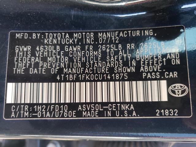 Photo 10 from auction – 2012 TOYOTA CAMRY BASE with VIN 4T1BF1FK0CU141875