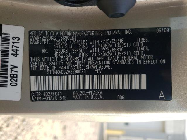 Photo 10 from auction – 2010 TOYOTA SIENNA LE with VIN 5TDKK4CC2AS298078
