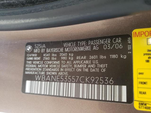 Photo 10 from auction – 2007 BMW 525 I with VIN WBANE53557CK92536