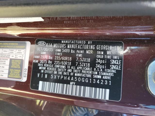 Photo 10 from auction – 2016 KIA SORENTO EX with VIN 5XYPH4A50GG134231