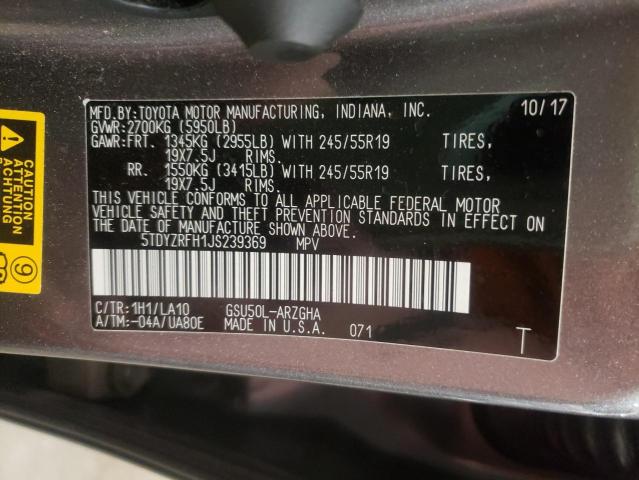 Photo 10 from auction – 2018 TOYOTA HIGHLANDER with VIN 5TDYZRFH1JS239369