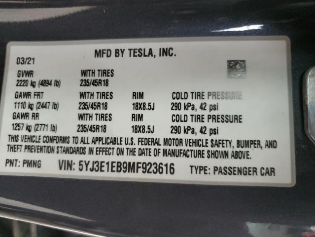 Photo 10 from auction – 2021 TESLA MODEL 3 with VIN 5YJ3E1EB9MF923616