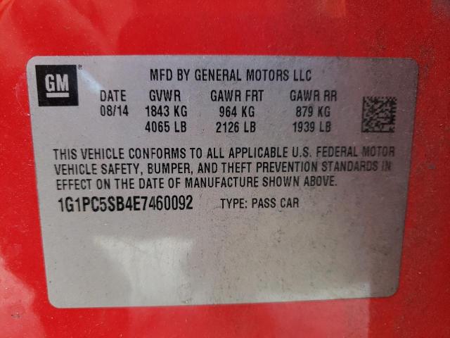 Photo 10 from auction – 2014 CHEVROLET CRUZE LT with VIN 1G1PC5SB4E7460092