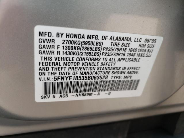 Photo 10 from auction – 2005 HONDA PILOT EXL with VIN 5FNYF18535B063528