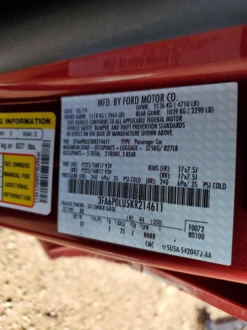 Photo 10 from auction – 2019 FORD FUSION SE with VIN 3FA6P0LU5KR214611