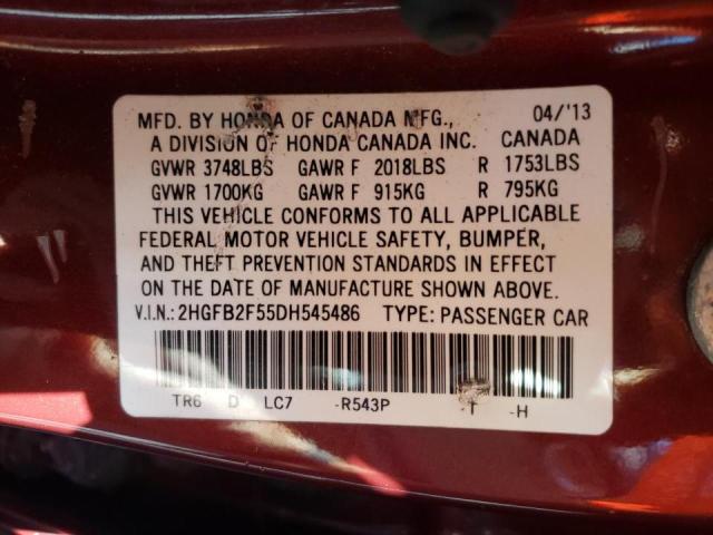 Photo 10 from auction – 2013 HONDA CIVIC LX with VIN 2HGFB2F55DH545486