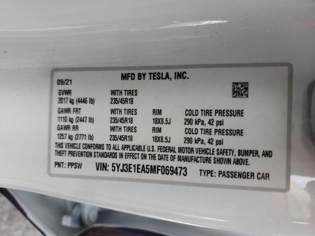 Photo 10 from auction – 2021 TESLA MODEL 3 with VIN 5YJ3E1EA5MF069473