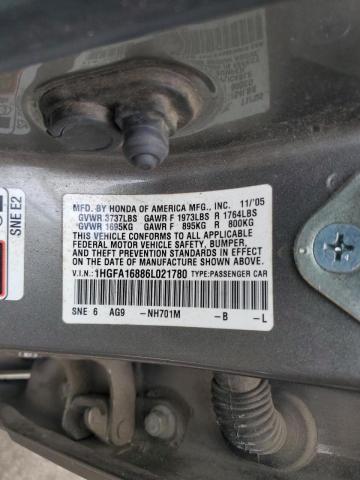 Photo 10 from auction – 2006 HONDA CIVIC EX with VIN 1HGFA16886L021780